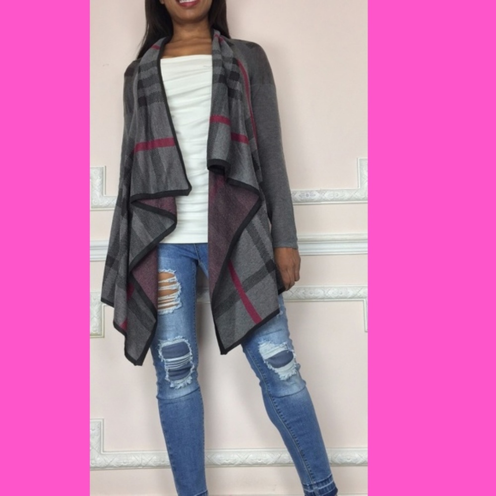 Women’s Gray Plaid Open-Front Draped Cardigan Poncho